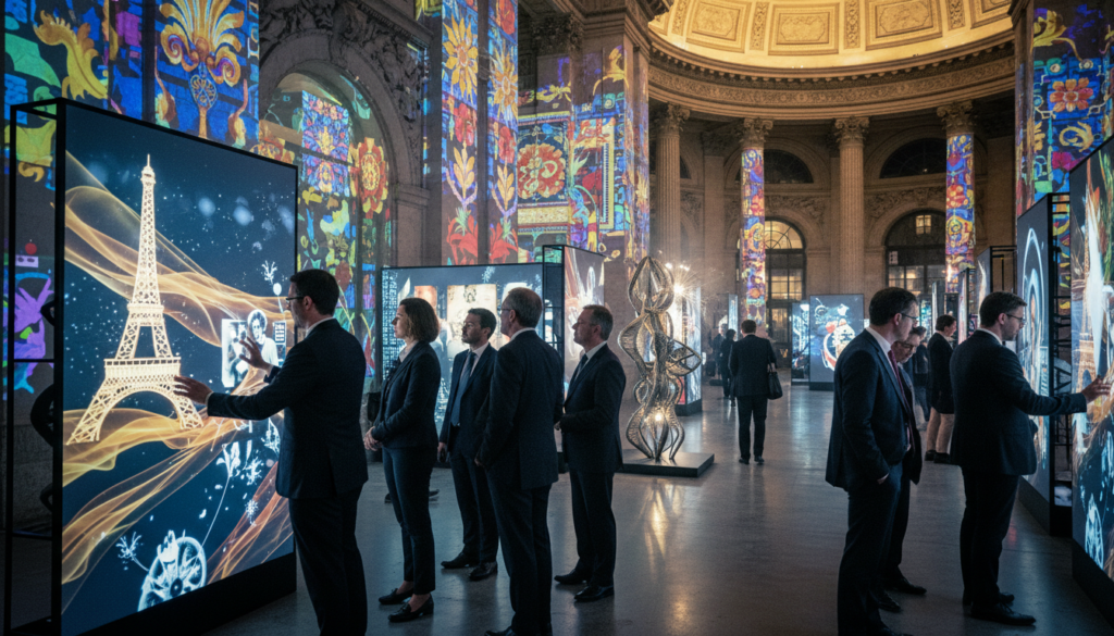 A vibrant indoor attraction in Paris showcasing immersive digital art experiences. The foreground features visitors of diverse backgrounds, dressed in professional business attire, interacting with large, interactive digital displays that illustrate Parisian history and culture. In the middle ground, intricate light projections create colorful patterns on the walls, while sophisticated installations blend technology with traditional art forms. The background reveals grand, artistically designed interiors characteristic of Parisian architecture, illuminated by soft, cinematic lighting that enhances the overall ambiance. Capture the scene in 8k resolution, emphasizing highly detailed textures and reflections on the surfaces, evoking a sense of wonder and curiosity in this enchanting space.