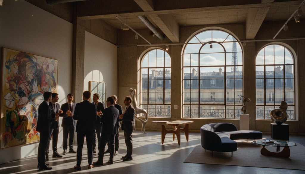 A vibrant indoor scene showcasing popular art and design attractions in Paris, featuring a stylish contemporary art gallery with high ceilings and large windows allowing natural light to flood in. In the foreground, a group of diverse art enthusiasts examines abstract paintings while discussing passionately, all dressed in professional business attire. The middle space reveals sleek modern sculptures and elegant furniture design pieces displayed with meticulous detail. In the background, a sweeping view of iconic Parisian architecture through the gallery windows creates a stunning contrast. The atmosphere is warm and inviting, with cinematic lighting and highly detailed textures, evoking a sense of creativity and inspiration. Captured in raw photograph style at 8k resolution.