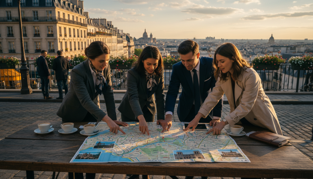 A vibrant, meticulously organized scene of a group of travelers planning their Paris itinerary, set at a wooden café table adorned with an open map of Paris featuring detailed arrondissements. In the foreground, diverse individuals in professional business attire are discussing and pointing at key tourist attractions like the Eiffel Tower and Louvre, surrounded by cups of coffee and notebooks. The middle ground features a picturesque Parisian street with charming architecture and lush greenery. In the background, the iconic skyline is bathed in warm, golden hour lighting, accentuating the romantic atmosphere of the city. The composition is captured in 8k resolution with cinematic lighting, highlighting the textures of the map and the expressions of excitement among the travelers.