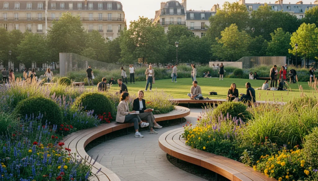 Un vibrante parque urbano moderno en París, que exhibe un paisajismo innovador y elementos de diseño contemporáneo. En primer plano, elegantes bancos de madera y senderos impecables se combinan con exuberante vegetación y coloridos macizos de flores. En el plano medio, se observa a visitantes disfrutando del espacio; personas vestidas con ropa elegante pero informal conversan y se relajan sobre el césped. Al fondo, la icónica arquitectura parisina se asoma entre los árboles, integrándose armoniosamente con el parque. La escena está bañada por la cálida luz dorada del atardecer, que resalta las texturas de las plantas y las estructuras, creando una atmósfera serena pero a la vez animada. Una toma de gran angular captura la belleza de este moderno oasis en resolución 8K, enfatizando los detalles intrincados y la iluminación cinematográfica.