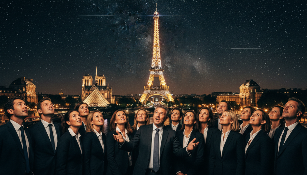 A vibrant night scene in Paris featuring an English-speaking tour group, gathered around a knowledgeable guide standing in front of the illuminated Eiffel Tower. The foreground captures the group, dressed in professional business attire, looking up in awe as the city sparks to life with twinkling lights. In the middle ground, the Seine River reflects the stunning glow of nearby landmarks like Notre-Dame and the Louvre. The background showcases a beautifully starry sky, creating a magical atmosphere. The scene is bathed in warm, cinematic lighting, emphasizing the textures of the architecture. Captured with a wide-angle lens to showcase the grandeur of the city, the image conveys a sense of wonder and excitement as tourists explore Paris by night in high detail, at 8k resolution.