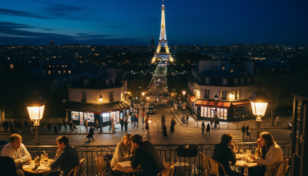 A vibrant night scene in Paris, showcasing a unique nighttime tour for night owls. The foreground features a cozy café with patrons enjoying drinks, illuminated by warm golden lights. In the middle, a winding street lined with charming boutiques and street performers creates an inviting atmosphere. The background displays the iconic Eiffel Tower, beautifully lit against the night sky, surrounded by a dazzling cityscape of twinkling lights. The image captures the essence of nightlife, with a cinematic feel, using soft bokeh to enhance the depth. The angle is slightly elevated, offering a panoramic view of the bustling streets and illuminated landmarks, creating a magical and inviting ambiance. Highly detailed textures, raw photograph style, and 8k resolution bring out the vibrancy and charm of Paris after dark. A vibrant night scene in Paris, showcasing a unique nighttime tour for night owls. The foreground features a cozy café with patrons enjoying drinks, illuminated by warm golden lights. In the middle, a winding street lined with charming boutiques and street performers creates an inviting atmosphere. The background displays the iconic Eiffel Tower, beautifully lit against the night sky, surrounded by a dazzling cityscape of twinkling lights. The image captures the essence of nightlife, with a cinematic feel, using soft bokeh to enhance the depth. The angle is slightly elevated, offering a panoramic view of the bustling streets and illuminated landmarks, creating a magical and inviting ambiance. Highly detailed textures, raw photograph style, and 8k resolution bring out the vibrancy and charm of Paris after dark.