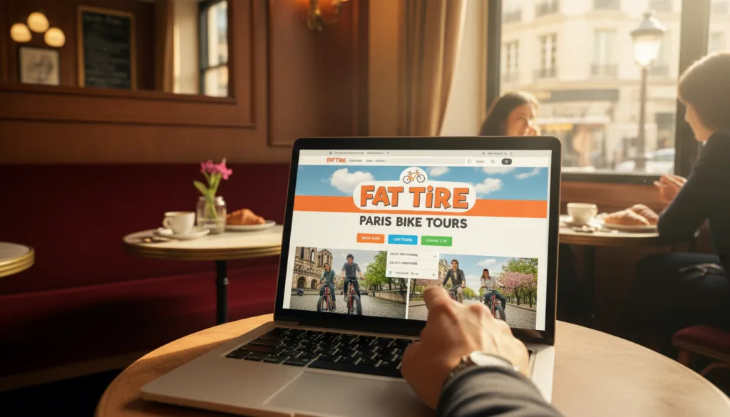 Una dinámica interfaz de reservas online para los tours en bicicleta de Fat Tire en París, con una moderna pantalla de portátil que muestra una colorida página web con imágenes de ciclistas recorriendo lugares emblemáticos de París como la Torre Eiffel y el río Sena. En primer plano, una mano navega con soltura por la web en el portátil, iluminada por una suave luz cinematográfica que crea una atmósfera cálida y acogedora. En el centro, un fondo difuminado de un acogedor café parisino, con una mesa para dos, sugiere ocio y exploración. La escena captura la emoción y la facilidad de planificar un tour en bicicleta por el corazón de París, con texturas de gran detalle y resolución 8K para una experiencia realista.