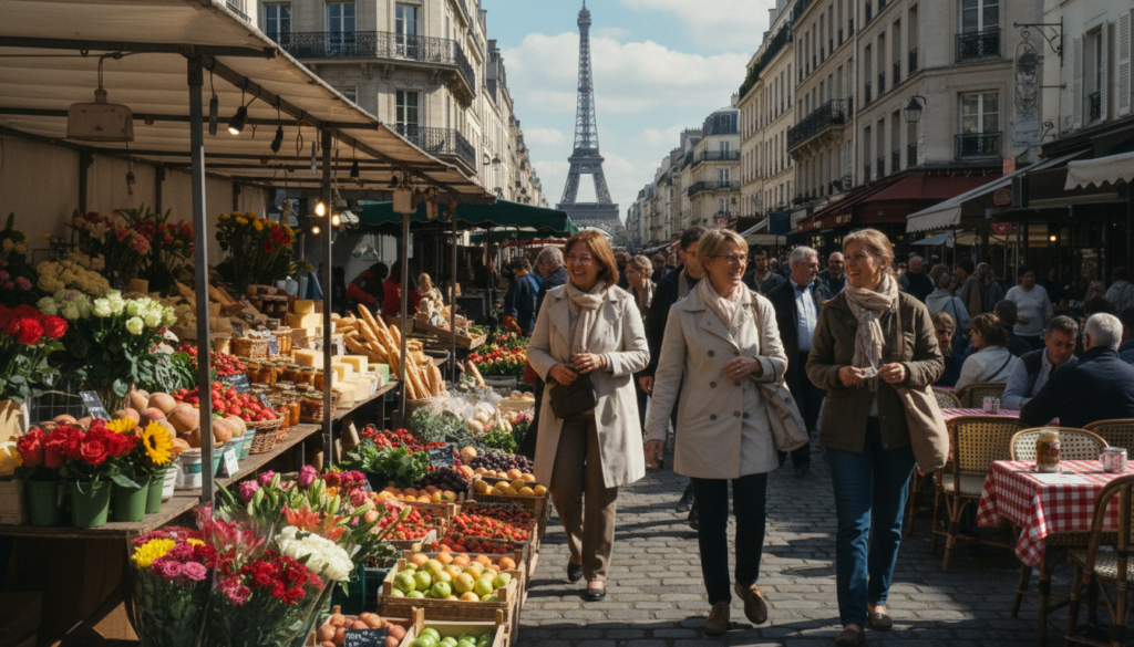 A vibrant open-air market scene in Paris, showcasing diverse stalls filled with colorful flowers, fresh fruits, and artisanal products under sunny skies. In the foreground, groups of people wearing casual clothing browse and interact joyfully, capturing the essence of Parisian culture. The middle ground features charming Parisian architecture with outdoor café tables and locals enjoying their time. In the background, iconic landmarks like the Eiffel Tower can be faintly seen framed by a soft blue sky with fluffy white clouds. The image is captured in raw photography style with cinematic lighting, highlighting the textures of the market goods and the lively atmosphere, all in stunning 8k resolution.