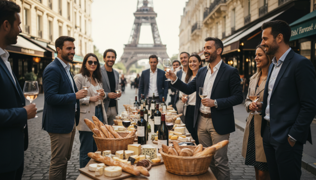 A vibrant outdoor food and wine tour in Paris, showcasing a diverse group of tourists, dressed in professional or casual clothing, engaged in a guided tasting experience. In the foreground, a table laden with various artisanal cheeses, fresh baguettes, and exquisite French wines. In the middle, a charismatic English-speaking guide, animatedly discussing the intricacies of the food and wine, with the Eiffel Tower subtly visible in the background. Rich, cinematic lighting enhances the textures of the food and the warm ambiance of the scene, while soft-focus highlights the tourists enjoying the experience. Capture the bustling street atmosphere of a Parisian neighborhood, with charming cafes and shops lining the streets, rendered in stunning 8k resolution for a highly detailed and inviting portrayal.