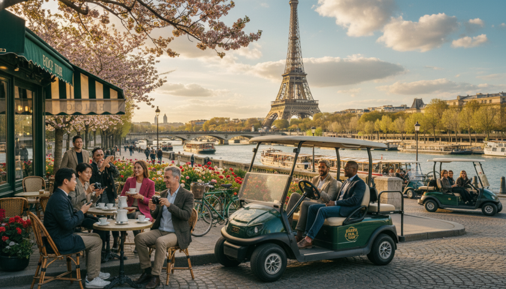 Парис хотод гольфын тэрэгний аялалыг дүрсэлсэн тод гадаа үзэгдэл бөгөөд энгийн хэрнээ мэргэжлийн хувцастай янз бүрийн үндэстний жуулчид зугаалж байна. Урд талд нь үзэсгэлэнтэй кафегийн ойролцоо гоёмсог гольфын тэрэг зогсож, зочид кофе уунгаа зураг авч байна. Дунд хэсэгт Эйфелийн цамхаг, Сена гол зэрэг Парисын алдарт газруудыг харуулсан бөгөөд зам дагуу өнгөлөг цэцэгс дэлгэрч байна. Арын дэвсгэр дээр зөөлөн үүлс цэнхэр тэнгэрт хөвж, дулаан, хөгжилтэй уур амьсгалыг улам тодотгож байна. Гэрэлтүүлэг нь байгалийн бөгөөд алтан цагийн нар дулаан туяа цацруулж, зураг нь нарийн бүтэцтэй бөгөөд гайхалтай 8k нягтралтайгаар бодит мэт мэдрэмж төрүүлдэг.