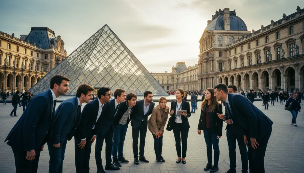 Une scène animée au musée du Louvre, illustrant une visite guidée avec accès coupe-file. Au premier plan, un groupe de touristes aux profils variés, vêtus de tenues professionnelles et décontractées, écoute attentivement un guide érudit qui, tablette à la main, désigne les œuvres. Au centre, la pyramide de verre emblématique scintille sous une douce lumière, entourée d'une architecture classique époustouflante. À l'arrière-plan, des visiteurs pénètrent dans le musée, créant une impression de mouvement et d'effervescence. L'atmosphère, à la fois vivante et sereine, souligne la grandeur du musée. Capturez cette image avec un objectif grand angle pour saisir à la fois la beauté architecturale et l'interaction captivante de la visite, en garantissant des textures très détaillées et une résolution 8K pour une netteté et une profondeur optimales.