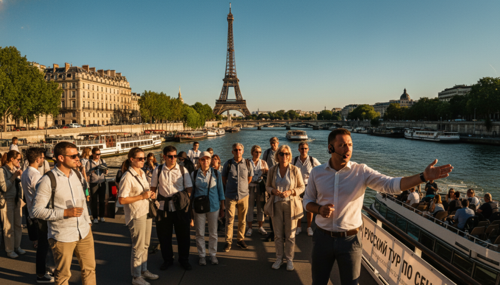 A vibrant scene capturing a Russian-speaking Seine River sightseeing tour in Paris during a sunny afternoon. In the foreground, a diverse group of tourists, dressed in modest casual clothing, engages with a charismatic tour guide pointing towards iconic landmarks. The middle ground showcases the flowing Seine River, with charming boats gliding along its surface, while the backdrop features the majestic Eiffel Tower framed by clear blue skies. Cinematic lighting highlights the golden hues of the buildings along the riverbank, creating a warm and inviting atmosphere. The composition is captured with a wide-angle lens, emphasizing the scale and beauty of the Parisian landscape, rendered in highly detailed textures at 8k resolution for an immersive experience.