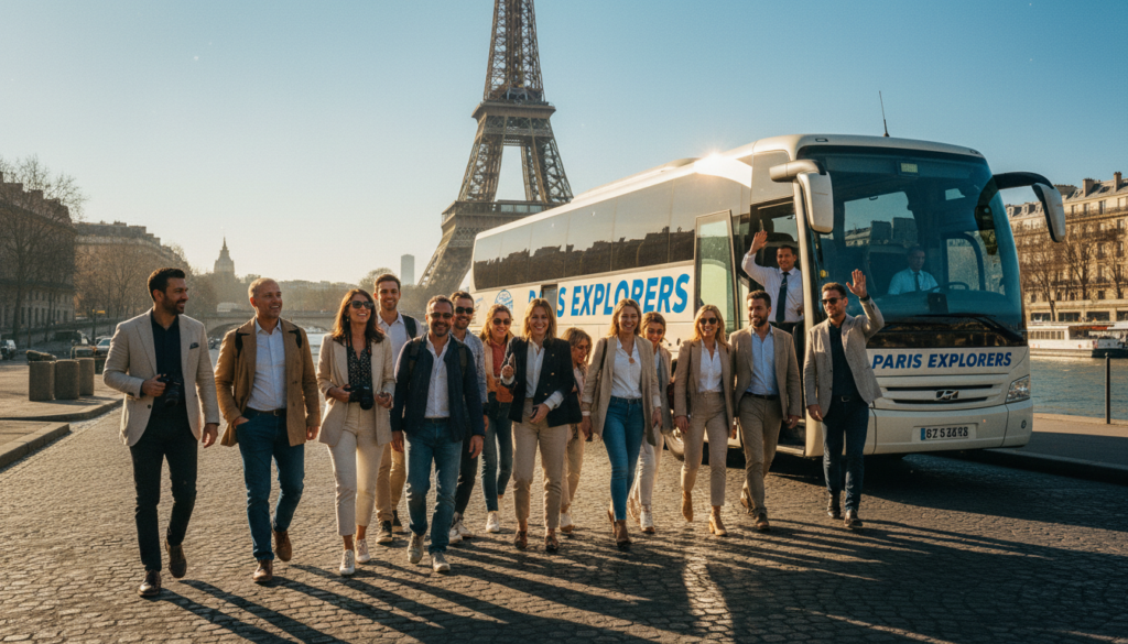 A vibrant scene capturing a group day trip tour departing from Paris. In the foreground, a diverse group of people, including both men and women of various ethnicities, dressed in smart, casual clothing, eagerly embark on their adventure. The middle ground showcases a modern tour bus with large windows and a clear sky above, indicating a bright, sunny day. In the background, iconic Parisian landmarks like the Eiffel Tower and the Seine River are visible, bathed in warm, golden sunlight. The atmosphere is lively and filled with anticipation, emphasizing a sense of camaraderie and exploration. The composition resembles a raw photograph with cinematic lighting, highly detailed textures, and shot in 8k resolution to enhance every visual element.