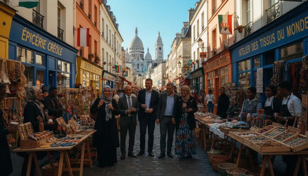 Una escena vibrante que captura un recorrido multicultural y por la herencia de la diáspora en un animado barrio parisino. En primer plano, un grupo diverso de personas vestidas con ropa formal y ropa informal discreta interactúan alegremente con artesanos locales en un bullicioso mercado callejero. En el plano medio se aprecia la encantadora arquitectura parisina, con coloridas fachadas que representan diversas culturas, adornadas con banderas y estandartes. Al fondo, monumentos emblemáticos como la silueta del Sacré-Cœur contra un cielo azul claro. El ambiente es cálido y acogedor, bañado por una iluminación suave y cinematográfica que crea una atmósfera inspiradora. La composición se encuadró con un objetivo gran angular para enfatizar el bullicio del entorno, resaltando las texturas ricamente detalladas de la arquitectura, la ropa y los productos del mercado. Capturado en impresionante resolución 8K para una experiencia totalmente inmersiva.