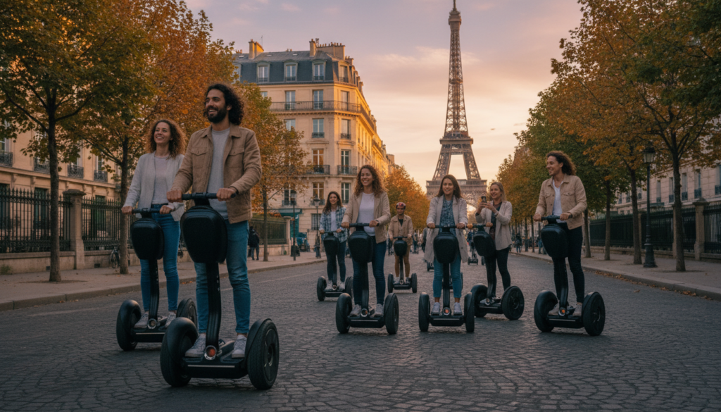 A vibrant scene capturing a private and group Segway experience in Paris, featuring a diverse group of people in comfortable casual clothing, including men and women navigating the scenic streets. In the foreground, a couple joyfully glides on sleek modern Segways, while a small group of friends laughs and takes photos nearby. The middle ground showcases charming Parisian architecture with historic buildings and lush trees lining the path. The background features the iconic Eiffel Tower peeking above the rooftops, bathed in warm golden light, emphasizing a welcoming atmosphere. The composition is framed at an eye-level angle, with cinematic lighting that highlights the textures of the Segways and the vibrancy of the scene. The image is in 8k resolution, ensuring clarity and detail.