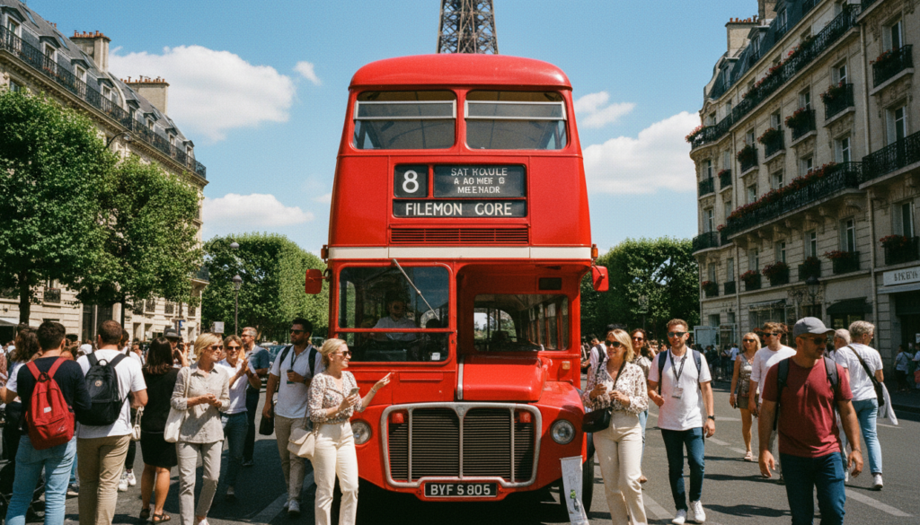 A vibrant scene capturing a red double-decker bus parked at a key landmark in Paris, such as the Eiffel Tower or the Louvre. In the foreground, the bus is prominently depicted with its bright red color reflecting off polished surfaces. Surrounding the bus are tourists casually dressed, enjoying the sights, some taking photos, embracing the cheerful atmosphere. In the middle ground, iconic Parisian architecture is visible; detailed facades adorned with ornate carvings and window boxes filled with flowers. The background features a clear blue sky with soft clouds, enhancing the cheerful mood of a sunny day in the city. The image should incorporate cinematic lighting to bring out textures, showcasing the vibrant colors in 8k resolution, creating a lively and inviting ambiance typical of Parisian life.