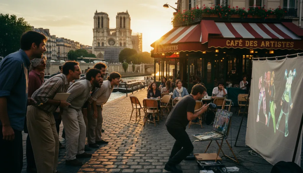 Une scène vibrante capturant l'essence même de la vie culturelle et artistique parisienne. Au premier plan, un groupe hétéroclite de personnes, vêtues de tenues décontractées et modestes, est fasciné par un artiste de rue qui fait la démonstration de son art. Au second plan, un élégant café parisien, orné de stores colorés et de plantes en pot luxuriantes, invite à la flânerie et à l'atmosphère paisible. En arrière-plan, on découvre des monuments emblématiques de Paris, tels que la cathédrale Notre-Dame et la Seine, baignés par la douce lumière dorée du crépuscule. L'image, avec son éclairage cinématographique, met en valeur la richesse des textures et des détails, soulignant l'atmosphère vibrante de créativité et de convivialité. La composition, prise en plongée, crée une impression de profondeur et transmet un sentiment d'émerveillement au cœur de ce haut lieu artistique. Résolution 8K pour une netteté exceptionnelle. Une scène vibrante capturant l'essence même de la vie culturelle et artistique parisienne. Au premier plan, un groupe hétéroclite de personnes, vêtues de tenues décontractées et modestes, est fasciné par un artiste de rue qui fait la démonstration de son art. Au second plan, un élégant café parisien, orné de stores colorés et de plantes en pot luxuriantes, invite à la flânerie et à l'atmosphère paisible. En arrière-plan, on découvre des monuments emblématiques de Paris, tels que la cathédrale Notre-Dame et la Seine, baignés par la douce lumière dorée du crépuscule. L'image, avec son éclairage cinématographique, met en valeur la richesse des textures et des détails, soulignant l'atmosphère vibrante de créativité et de convivialité. La composition, prise en plongée, crée une impression de profondeur et transmet un sentiment d'émerveillement au cœur de ce haut lieu artistique. Résolution 8K pour une netteté exceptionnelle.