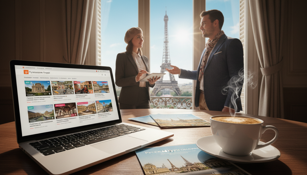 A vibrant scene depicting a comparison of various booking platforms for Russian-speaking tours in Paris. In the foreground, a stylish laptop with an open browser displaying tour options, surrounded by travel brochures and a steaming cup of coffee. The middle ground features two professional-looking Russian-speaking tour guides, one holding a tablet with booking details, and the other pointing out iconic Parisian landmarks through a large window. In the background, a panoramic view of the Eiffel Tower against a clear blue sky, with sunlight filtering through. The atmosphere is warm and inviting, suggesting a sense of excitement and adventure. Cinematic lighting enhances vivid colors and sharp details, with an 8k resolution showcasing textures in the scene.