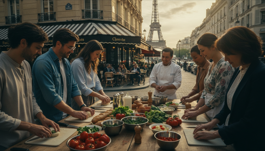 A vibrant scene depicting a creative and hands-on tour experience in Paris. In the foreground, a diverse group of tourists, dressed in smart casual attire, engage enthusiastically in a cooking class, surrounded by fresh ingredients and kitchen tools. The middle ground showcases iconic Parisian elements such as a rustic café and the famous Eiffel Tower partially visible in the background. Warm, cinematic lighting bathes the scene, accentuating the joyful expressions of the participants as they interact and learn from a skilled chef. The atmosphere is lively and inviting, filled with the rich textures of food and the charm of Parisian architecture. Capture this moment in stunning 8k resolution, emphasizing the details and authenticity of the experience. A vibrant scene depicting a creative and hands-on tour experience in Paris. In the foreground, a diverse group of tourists, dressed in smart casual attire, engage enthusiastically in a cooking class, surrounded by fresh ingredients and kitchen tools. The middle ground showcases iconic Parisian elements such as a rustic café and the famous Eiffel Tower partially visible in the background. Warm, cinematic lighting bathes the scene, accentuating the joyful expressions of the participants as they interact and learn from a skilled chef. The atmosphere is lively and inviting, filled with the rich textures of food and the charm of Parisian architecture. Capture this moment in stunning 8k resolution, emphasizing the details and authenticity of the experience.