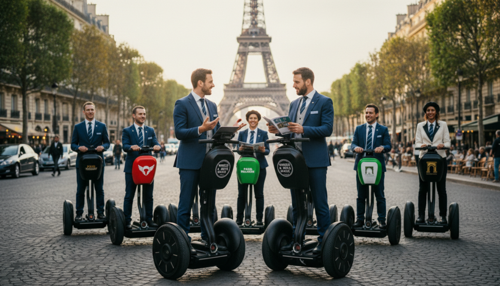 A vibrant scene depicting a group of Segway operators in Paris, comparing their tours with a focus on Wheels and Ways. In the foreground, two operators clad in smart casual uniforms, engaged in conversation, with their Segways parked beside them. The middle ground features various Segway models from different operators, each showcasing unique branding and styles. In the background, a bustling Parisian street with iconic landmarks like the Eiffel Tower visible, under soft, cinematic lighting that creates a warm atmosphere. The composition captures the lively spirit of Paris, emphasizing professionalism and camaraderie among the Segway tour operators, with highly detailed textures and an overall sharpness that suggests a high-resolution image.