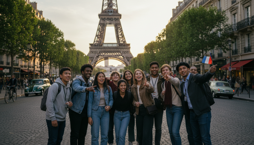 A vibrant scene depicting a group of students on a guided tour in Paris, showcasing the Eiffel Tower in the background. In the foreground, diverse students of various ethnicities, dressed in modest casual clothing, are engaged and excited, interacting with an enthusiastic tour guide pointing out landmarks. The middle ground features iconic Parisian architecture, lively street life, and trees lining a charming avenue, bathed in warm, golden light of late afternoon. The soft cinematic lighting creates an inviting atmosphere, emphasizing the joy of exploration. The image should have a shallow depth of field, producing a crisp focus on the students while slightly blurring the background, capturing the essence of educational and cultural discovery in the heart of Paris. 8k resolution, highly detailed textures.