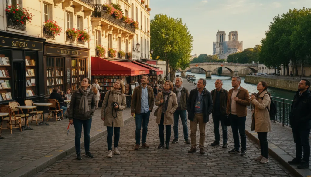 Una escena vibrante que muestra un recorrido histórico a pie por el Barrio Latino de París, capturando la esencia de sus encantadores barrios. En primer plano, un grupo diverso de turistas, vestidos con ropa informal y discreta, pasean juntos, disfrutando de las vistas. En el plano medio se aprecia la icónica arquitectura parisina, con calles empedradas, pintorescos cafés y edificios históricos adornados con balcones floridos. Al fondo, el Serpentine Seine brilla bajo el suave resplandor del atardecer, con frondosos árboles que bordean sus orillas. El ambiente es animado pero apacible, impregnado de la calidez de la camaradería y la exploración cultural. La imagen está capturada con un estilo fotográfico crudo y una iluminación cinematográfica, resaltando texturas muy detalladas y colores vibrantes en una impresionante resolución 8K.