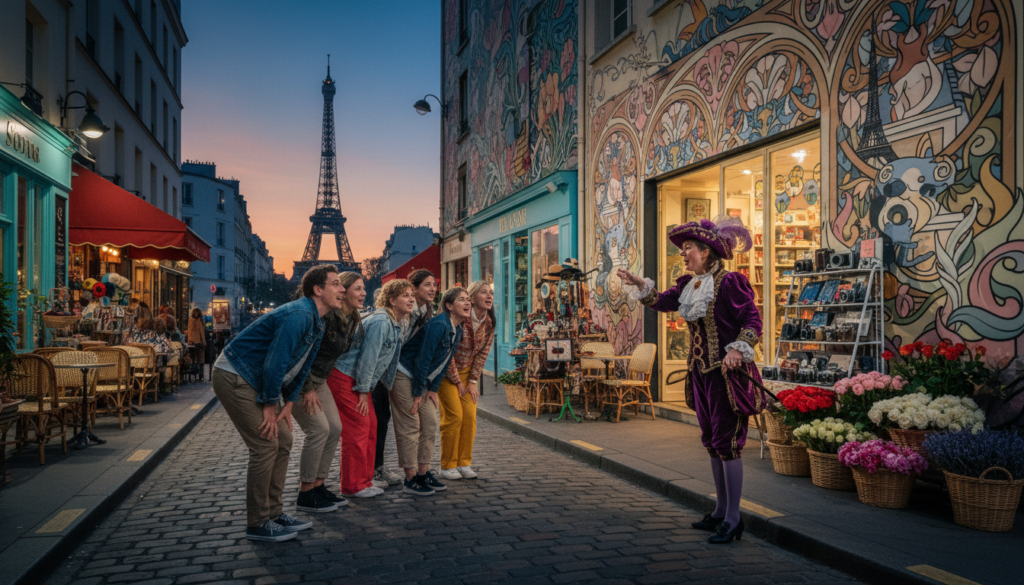 A vibrant scene depicting a quirky and themed walking tour in the heart of Paris. In the foreground, a small group of diverse tourists wearing casual and modest clothing excitedly engages with a local guide dressed in a colorful costume, pointing towards an intricately designed street art mural. The middle ground features iconic Parisian elements like pastel-colored cafés, unique shops filled with vintage items, and blooming flower stalls. In the background, the classic silhouette of the Eiffel Tower emerges against a beautifully lit twilight sky, radiating warm hues. Cinematic lighting enhances the textures of the cobblestone streets and the charming architecture. The atmosphere is lively and whimsical, capturing the essence of fun and cultural exploration in this enchanting city. 8k resolution for detailed textures and clarity. A vibrant scene depicting a quirky and themed walking tour in the heart of Paris. In the foreground, a small group of diverse tourists wearing casual and modest clothing excitedly engages with a local guide dressed in a colorful costume, pointing towards an intricately designed street art mural. The middle ground features iconic Parisian elements like pastel-colored cafés, unique shops filled with vintage items, and blooming flower stalls. In the background, the classic silhouette of the Eiffel Tower emerges against a beautifully lit twilight sky, radiating warm hues. Cinematic lighting enhances the textures of the cobblestone streets and the charming architecture. The atmosphere is lively and whimsical, capturing the essence of fun and cultural exploration in this enchanting city. 8k resolution for detailed textures and clarity.