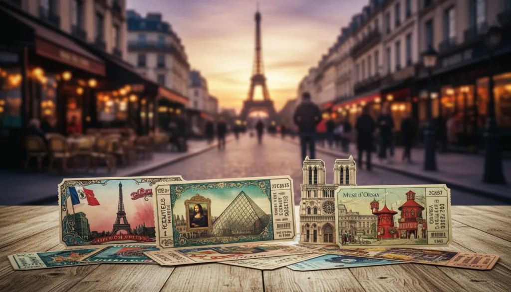 Une scène vibrante met en scène une collection de billets pour des monuments emblématiques de Paris, tels que la Tour Eiffel, le Musée du Louvre et la Cathédrale Notre-Dame, disposés artistiquement sur une table en bois rustique. Au premier plan, les billets arborent des motifs complexes, des graphismes colorés et les symboles reconnaissables de chaque attraction. Au second plan, des images floues de rues et de cafés parisiens créent une atmosphère chaleureuse et accueillante. À l'arrière-plan, la silhouette floue de la Tour Eiffel sous un ciel de coucher de soleil projette une teinte dorée, rehaussant le charme de la scène. L'éclairage, digne du cinéma, joue sur les ombres et les lumières douces, accentuant la texture des billets. L'image, en résolution 8K, capture des détails riches et des couleurs éclatantes pour susciter un sentiment d'enthousiasme et d'envie de voyager.