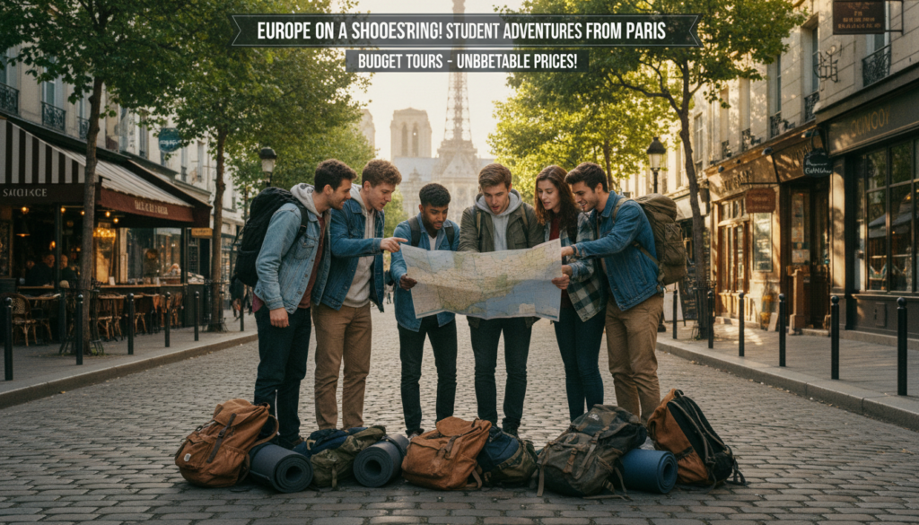A vibrant scene depicting budget and student Europe tours starting from Paris. In the foreground, a diverse group of young adults in modest casual clothing gather around a travel map, animatedly discussing their itinerary. They are surrounded by backpacks and travel gear, emphasizing a youthful, adventurous spirit. In the middle ground, iconic Parisian landmarks like the Eiffel Tower and Notre-Dame can be seen, suggesting the starting point of their journey. The background features a charming European street lined with quaint cafés and shops, evoking a sense of exploration. The atmosphere feels lively and hopeful, with warm afternoon sunlight filtering through the trees, creating a welcoming glow. The image is captured in cinematic lighting with highly detailed textures, in 8k resolution to enhance realism and depth. A vibrant scene depicting budget and student Europe tours starting from Paris. In the foreground, a diverse group of young adults in modest casual clothing gather around a travel map, animatedly discussing their itinerary. They are surrounded by backpacks and travel gear, emphasizing a youthful, adventurous spirit. In the middle ground, iconic Parisian landmarks like the Eiffel Tower and Notre-Dame can be seen, suggesting the starting point of their journey. The background features a charming European street lined with quaint cafés and shops, evoking a sense of exploration. The atmosphere feels lively and hopeful, with warm afternoon sunlight filtering through the trees, creating a welcoming glow. The image is captured in cinematic lighting with highly detailed textures, in 8k resolution to enhance realism and depth.