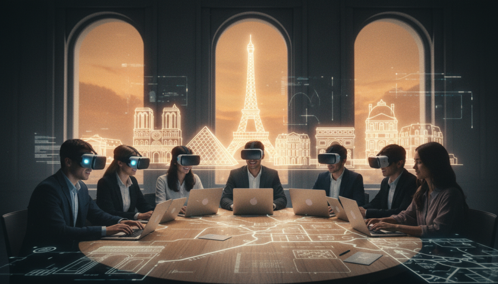 A vibrant scene depicting students engaging in a virtual tour of Paris, prominently featuring the Eiffel Tower and the Louvre in the background. In the foreground, a diverse group of students, dressed in smart casual attire, attentively using laptops and VR headsets to explore the city. The students are seated at a round table, surrounded by digital maps and images of famous Parisian landmarks projected around them. The middle ground showcases a stylized representation of the Paris skyline, with cinematic lighting illuminating the buildings, creating a warm and inviting atmosphere. The entire composition is captured in a raw photograph style with highly detailed textures, emphasizing the educational experience. The image is framed at an eye-level angle, rich in nuances and presented in sharp 8k resolution, evoking a sense of discovery and excitement.