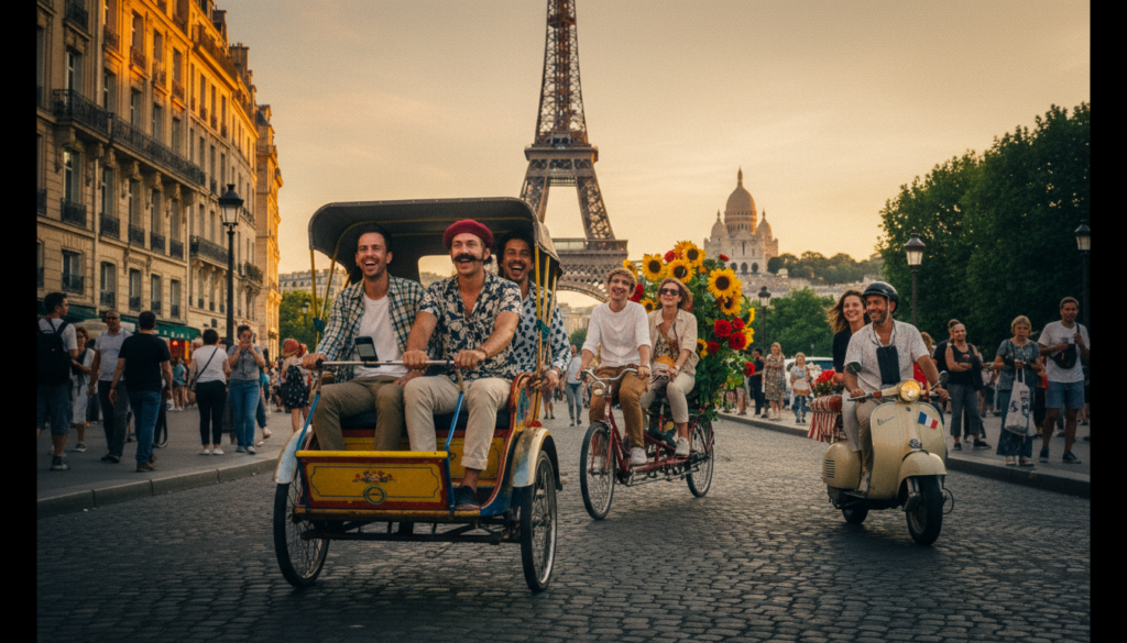 A vibrant scene depicting unusual tours in Paris, featuring eccentric modes of transport. In the foreground, a brightly colored rickshaw driven by a smiling guide wearing a beret, surrounded by tourists dressed in casual clothing, all showing excitement. The middle ground contains a whimsical bicycle built for two, adorned with flowers, and a vintage scooter with a sidecar. In the background, iconic Parisian landmarks like the Eiffel Tower and Sacré-Cœur are visible, bathed in golden hour lighting. The image captures a lively atmosphere with well-defined textures and intricate details, all presented in an exquisite 8k resolution. The composition employs a cinematic angle that emphasizes both the joyful participants and the stunning Parisian scenery. A vibrant scene depicting unusual tours in Paris, featuring eccentric modes of transport. In the foreground, a brightly colored rickshaw driven by a smiling guide wearing a beret, surrounded by tourists dressed in casual clothing, all showing excitement. The middle ground contains a whimsical bicycle built for two, adorned with flowers, and a vintage scooter with a sidecar. In the background, iconic Parisian landmarks like the Eiffel Tower and Sacré-Cœur are visible, bathed in golden hour lighting. The image captures a lively atmosphere with well-defined textures and intricate details, all presented in an exquisite 8k resolution. The composition employs a cinematic angle that emphasizes both the joyful participants and the stunning Parisian scenery.