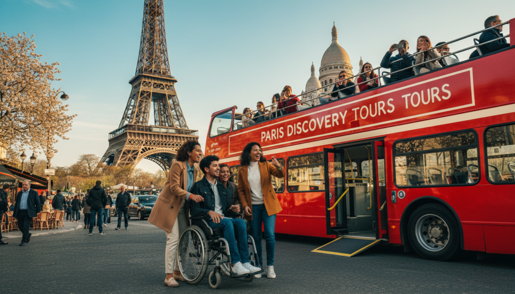 A vibrant scene featuring a red open-top bus tour in Paris, set against a backdrop of iconic landmarks like the Eiffel Tower and Sacré-Cœur. In the foreground, a diverse family is enjoying the experience, with parents and two children smiling and pointing at the sights. The bus is equipped with accessibility features, such as a ramp for wheelchairs, clearly displayed. In the middle ground, other tourists are seated comfortably, showcasing a lively atmosphere. The scene is bathed in warm, cinematic lighting, enhancing the rich textures of the bus and the Parisian architecture. Shot in 8k resolution with a wide-angle lens, capturing the excitement and inclusivity of this family-friendly tour in a safe and professional manner.