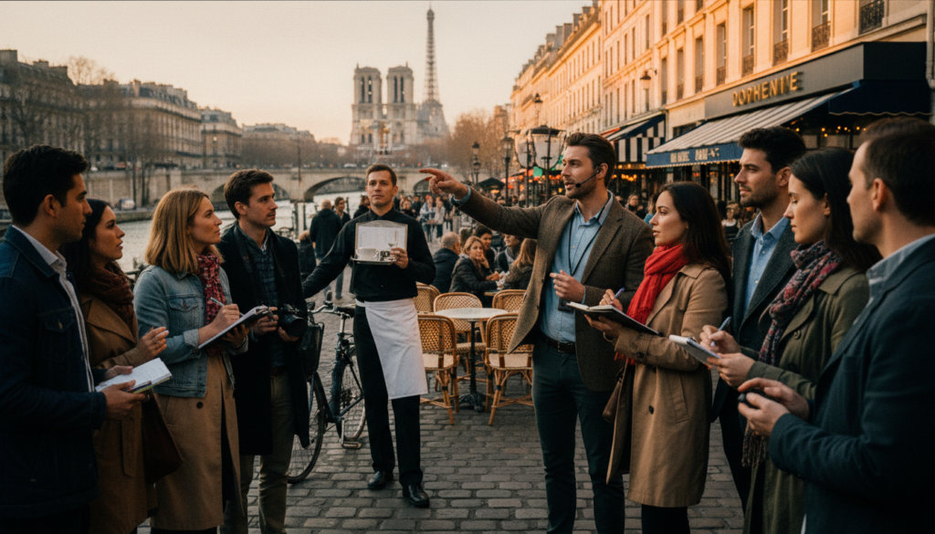 A vibrant scene in a bustling Parisian street, featuring a professional English-speaking tour guide pointing towards iconic landmarks like the Eiffel Tower and Notre-Dame Cathedral. In the foreground, a diverse group of tourists, dressed in casual smart clothing, are attentively listening and taking notes. The middle ground includes various street cafés with patrons enjoying coffee and pastries, while locals go about their day, adding life to the scene. The background showcases a picturesque Parisian skyline, bathed in warm, golden hour light, enhancing the inviting atmosphere. The image captures a sense of exploration and discovery, with highly detailed textures and vibrant colors, rendered in 8k resolution, with a cinematic depth of field, focusing on the interactions between the guide and the tourists.