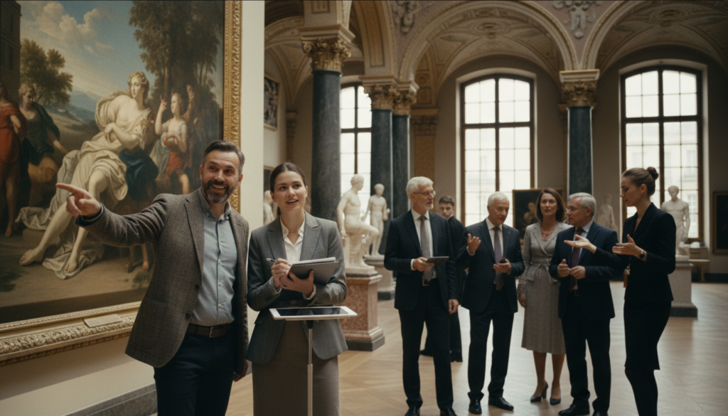 A vibrant scene inside a Parisian museum, showcasing a diverse group of Russian-speaking tourists admiring classic art pieces. In the foreground, a middle-aged man in a smart casual outfit points excitedly at a famous painting, while a young woman in professional attire takes notes. The middle layer features elegantly dressed tourists engaged in conversation, with a guide gesturing toward a sculpture. The ornate details of the museum's interior, with grand arches and soft lighting, create an inviting atmosphere. In the background, large windows let in natural light, illuminating the fine textures of the artwork. The image captures a sense of cultural exploration and connection, with a warm and informative mood, shot in a raw photographic style at 8k resolution with cinematic lighting.