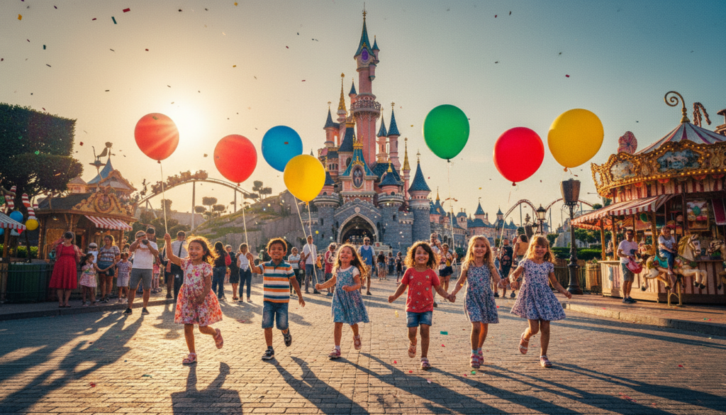 A vibrant scene of Disneyland Paris filled with families enjoying their day, showcasing children laughing and playing around iconic attractions like Sleeping Beauty's Castle and vibrant rides. In the foreground, a diverse group of children, wearing colorful, modest clothing, runs excitedly, with bright balloons in hand. In the middle ground, families are seen engaging in activities, such as taking photos and enjoying snacks from charming food stalls. The background features the whimsical architecture of Disneyland, bathed in soft, golden sunlight, casting enchanting shadows. The atmosphere is joyful and lively, capturing the essence of family fun. Shot in a wide angle to highlight the scale and excitement, with cinematic lighting that enhances the cheerful colors, presented in highly detailed textures and 8K resolution. A vibrant scene of Disneyland Paris filled with families enjoying their day, showcasing children laughing and playing around iconic attractions like Sleeping Beauty's Castle and vibrant rides. In the foreground, a diverse group of children, wearing colorful, modest clothing, runs excitedly, with bright balloons in hand. In the middle ground, families are seen engaging in activities, such as taking photos and enjoying snacks from charming food stalls. The background features the whimsical architecture of Disneyland, bathed in soft, golden sunlight, casting enchanting shadows. The atmosphere is joyful and lively, capturing the essence of family fun. Shot in a wide angle to highlight the scale and excitement, with cinematic lighting that enhances the cheerful colors, presented in highly detailed textures and 8K resolution.
