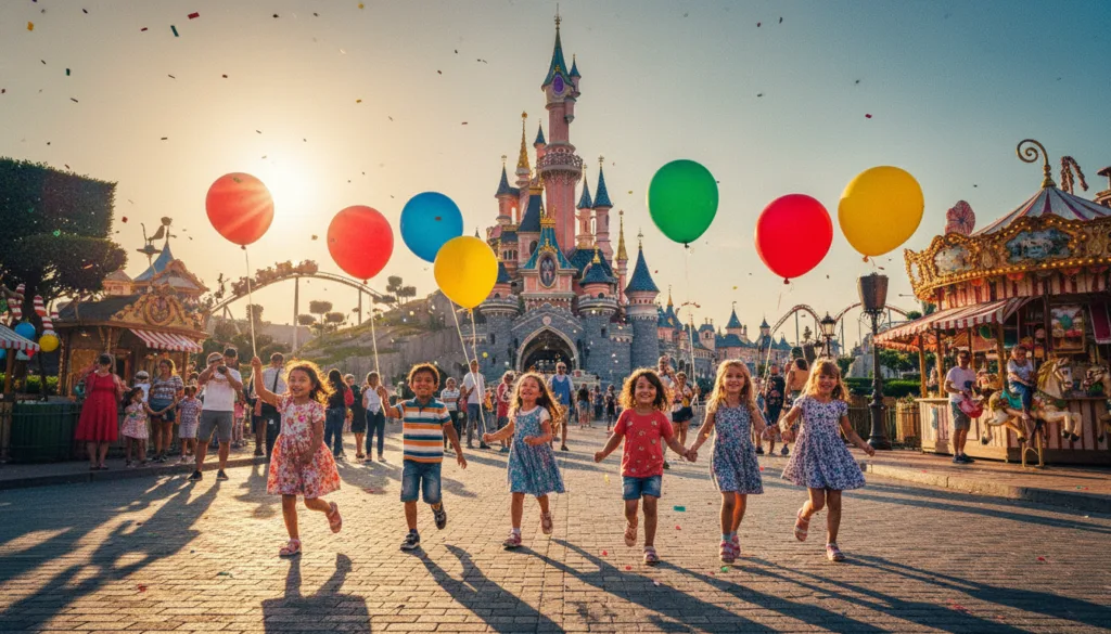 Una vibrante escena de Disneyland París, repleta de familias disfrutando de su día, muestra a niños riendo y jugando alrededor de atracciones emblemáticas como el Castillo de la Bella Durmiente y emocionantes juegos mecánicos. En primer plano, un grupo diverso de niños, vestidos con coloridas y sencillas prendas, corren entusiasmados con globos brillantes en la mano. En el plano medio, se ve a familias realizando actividades como tomar fotos y disfrutar de refrigerios en encantadores puestos de comida. Al fondo, destaca la mágica arquitectura de Disneyland, bañada por una suave luz dorada que proyecta sombras mágicas. El ambiente es alegre y animado, capturando la esencia de la diversión familiar. Filmada con un gran angular para resaltar la escala y la emoción, con iluminación cinematográfica que realza los colores vibrantes, presentada con texturas de alta definición y resolución 8K.