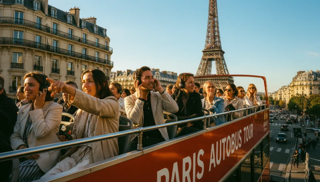 Isang masiglang eksena ng isang malaking double-decker bus sa Paris, na nagtatampok ng mga turistang gumagamit ng mga multilingual na audio guide. Sa harapan, kunan ng larawan ang isang magkakaibang grupo ng mga bisita na nakasuot ng disenteng kaswal na damit, matamang nakikinig sa kanilang mga audio device, at nakikinig sa mga tanawin ng lungsod. Ang gitnang bahagi ay nagtatampok ng iconic na arkitektura ng Paris, tulad ng Eiffel Tower at mga makasaysayang gusali, na naliligo sa mainit at ginintuang sikat ng araw. Ang background ay dapat maglarawan ng isang malinaw na asul na kalangitan, na nagpapahiwatig ng isang magandang araw sa Paris. Gumamit ng hilaw na kalidad ng potograpiya gamit ang cinematic lighting na nagha-highlight sa mga texture ng bus at mga detalye ng arkitektura. Maghangad ng 8k resolution, na nakatuon sa isang bahagyang nakataas na anggulo na nagbibigay-diin sa kayamanan ng karanasan at sa masiglang kapaligiran ng pamamasyal sa lungsod.