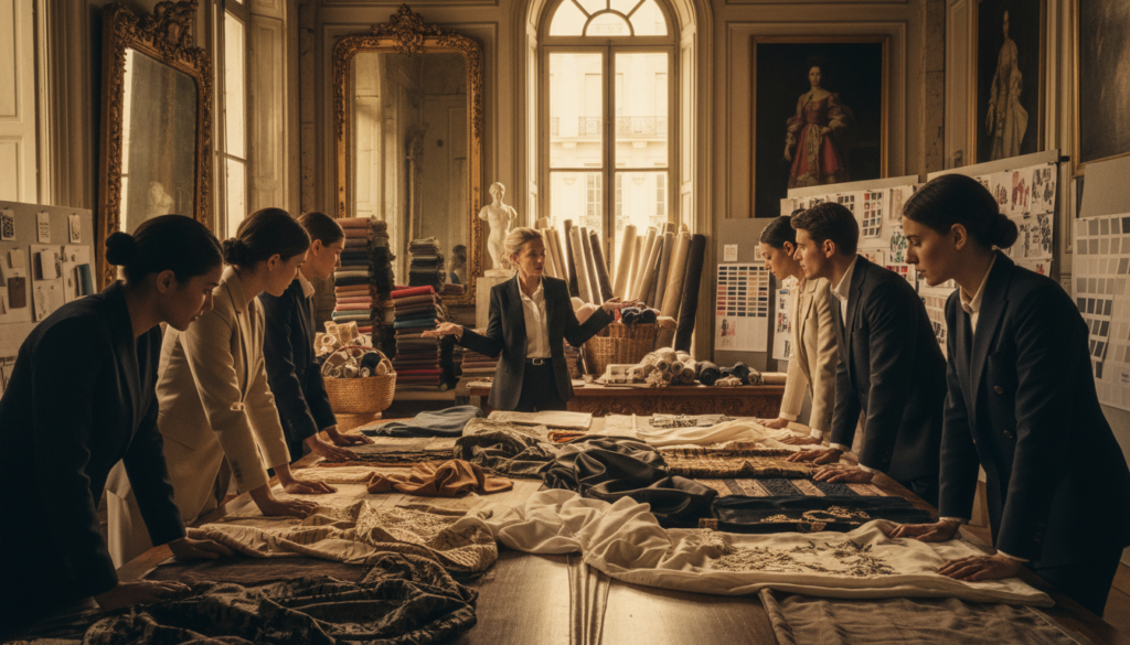 A vibrant scene of a fashion house tour in Paris designed for aspiring designers focused on textile sourcing. In the foreground, a diverse group of well-dressed individuals in professional attire, examining luxurious fabrics laid out on a stylish table, with expressions of curiosity and inspiration. The middle ground features a knowledgeable guide passionately discussing design elements, with rolls of exquisite textiles and color swatches surrounding them. The background showcases an elegant fashion studio with antique mirrors, tall windows letting in warm, cinematic lighting, and art-inspired decor. Emphasize highly detailed textures, capturing the richness of the fabrics and a dynamic atmosphere that inspires creativity. The image should be in stunning 8k resolution for clarity and depth.