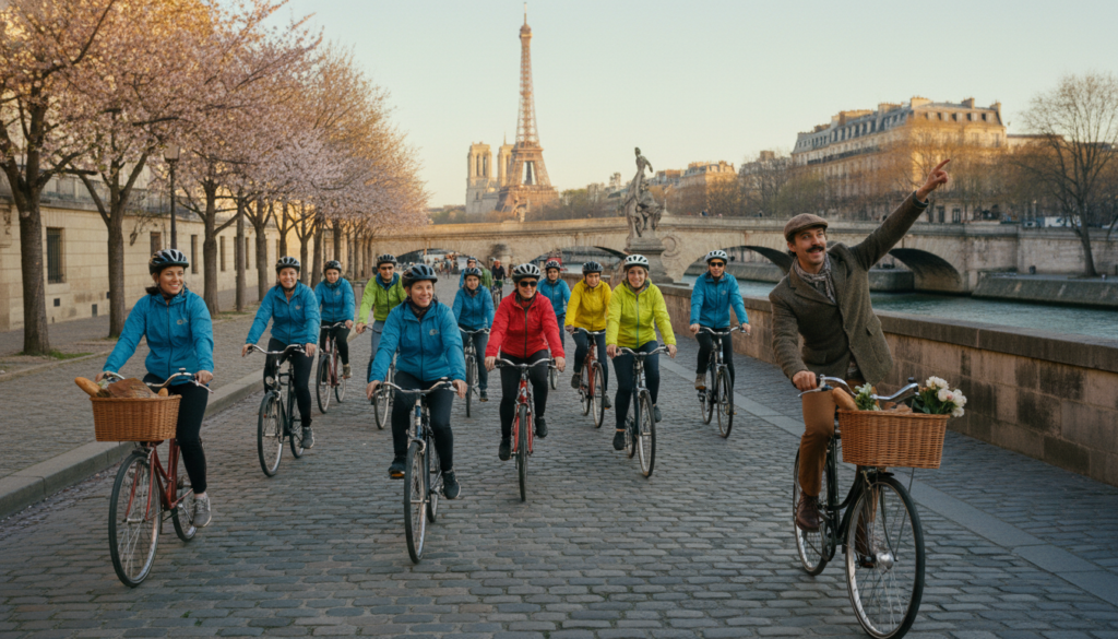 A vibrant scene of a guided bicycle tour in Paris, featuring a diverse group of cyclists wearing helmets and lightweight jackets, riding along a picturesque path near the Seine River. In the foreground, a tour guide gestures enthusiastically, pointing at a historic landmark. The middle of the image showcases a variety of bicycles, some with baskets, as the group weaves through the charming Parisian streets adorned with blooming trees and elegant architecture. In the background, iconic monuments such as the Eiffel Tower and Notre-Dame Cathedral are softly illuminated by warm, cinematic lighting during golden hour. The atmosphere is lively and inviting, encouraging exploration and adventure, captured in highly detailed textures, in 8k resolution.