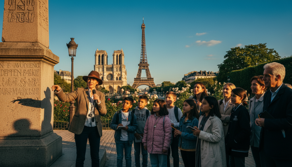 A vibrant scene of a guided history tour in Paris tailored for families and students. In the foreground, a diverse group of children and parents, dressed in modest casual clothing, enthusiastically listening to a knowledgeable tour guide in front of a historic monument. The middle ground showcases iconic Parisian architecture, such as the Eiffel Tower and Notre-Dame, with lush greenery surrounding them. In the background, a clear blue sky casts warm, cinematic lighting that enhances the details of the scene. The mood is educational yet joyful, capturing the excitement of learning about history in a fascinating city. The image is captured as a raw photograph in 8k resolution, emphasizing highly detailed textures and engaging composition.