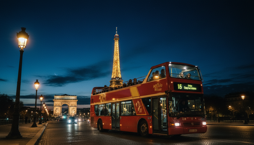 A vibrant scene of a red double-decker tour bus traversing the streets of Paris at night, illuminated by the soft golden glow of street lamps. The foreground features the bus, detailed with reflections of city lights capturing its shiny red exterior, with passengers inside admiring the view. The middle ground showcases iconic Parisian landmarks like the Eiffel Tower and the Arc de Triomphe, beautifully lit against the night sky. The background presents a starry sky with a hint of clouds, enhancing the magical atmosphere. The composition is shot from a low angle, showcasing the bus in motion against the backdrop of illuminated architecture. The image is a raw photograph, featuring cinematic lighting and highly detailed textures, rendered in 8k resolution to highlight the enchanting allure of a night tour in Paris.