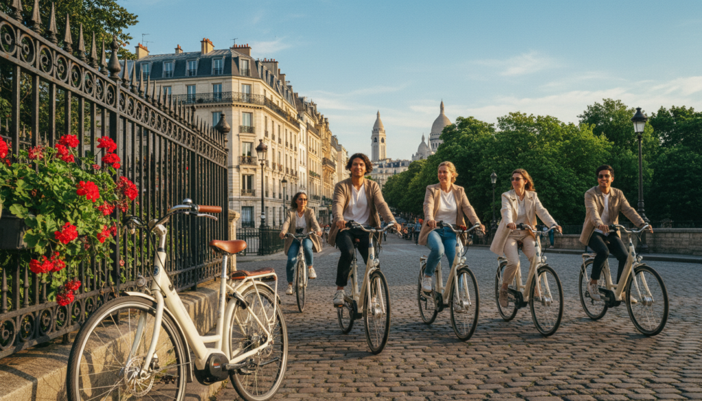 A vibrant scene of an electric bicycle tour in Paris's Montmartre district, showcasing a group of diverse tourists in modest casual clothing, joyfully riding their sleek electric bikes along a picturesque cobblestone street. In the foreground, an electric bike with a stylish design leans against a charming wrought-iron fence adorned with flowering plants. The middle ground features a lively avenue with iconic Parisian architecture, including the Basilica of Sacré-Cœur peeking in the distance. In the background, lush green trees and a clear blue sky add depth to the scene. The lighting should resemble warm, golden hour sunlight, casting soft shadows and enhancing the textures of the buildings. Capture the joyful, effortless atmosphere of sightseeing in this enchanting part of Paris in stunning 8k resolution with cinematic clarity.