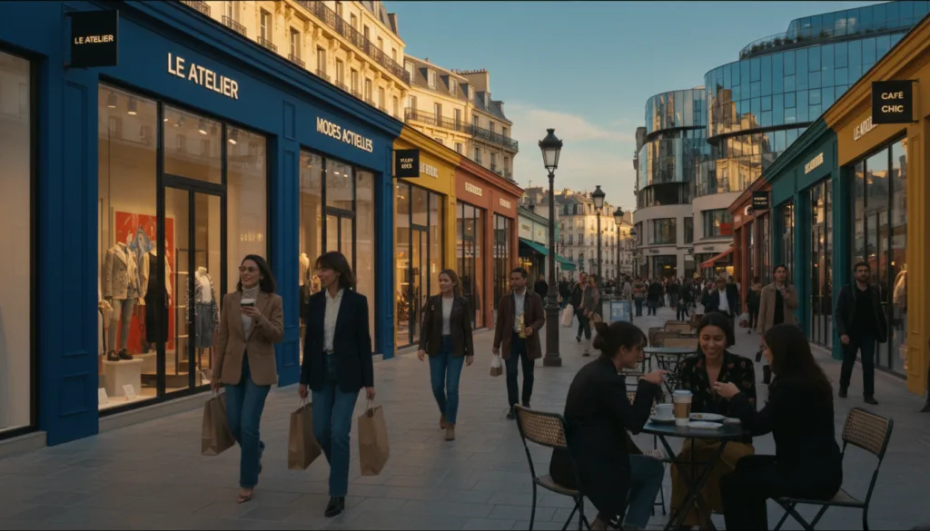 Una vibrante escena de modernas atracciones comerciales en París, que muestra una elegante plaza comercial al aire libre, repleta de boutiques con estilo y cafés de moda. En primer plano, personas bien vestidas —hombres y mujeres con atuendos casuales elegantes— compran y disfrutan de su tiempo. En el plano medio, se aprecian coloridos escaparates con grandes ventanales que exhiben mercancía de moda y llamativas vitrinas. El fondo captura la icónica arquitectura parisina, fusionada con diseños modernos, bajo un cielo azul despejado. La iluminación es cálida y acogedora, creando una atmósfera animada. La imagen fue tomada con un objetivo gran angular para enfatizar el bullicio del entorno, con un alto nivel de detalle y resolución 8K, mostrando texturas y belleza arquitectónica.