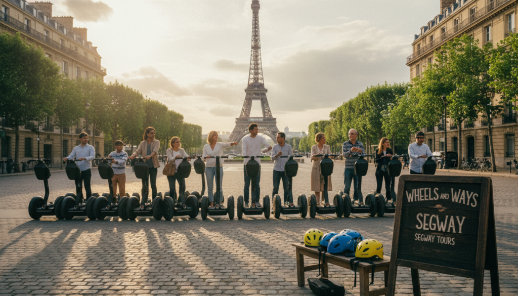 A vibrant scene showcasing a Segway tour meeting point in Paris, featuring sleek Segway scooters lined up neatly in an inviting outdoor space. In the foreground, a polished wooden sign reads "Wheels and Ways Segway Tours" alongside neatly placed helmets and safety gear. The middle ground reveals tourists in smart casual clothing, eagerly discussing their upcoming adventure, with the Eiffel Tower prominently visible in the background, bathed in warm, cinematic lighting. Lush green trees and charming Parisian architecture frame the scene, creating a lively atmosphere. The composition is captured in stunning 8k resolution, emphasizing intricate textures and details of the environment, with a focus on a welcoming and professional vibe.