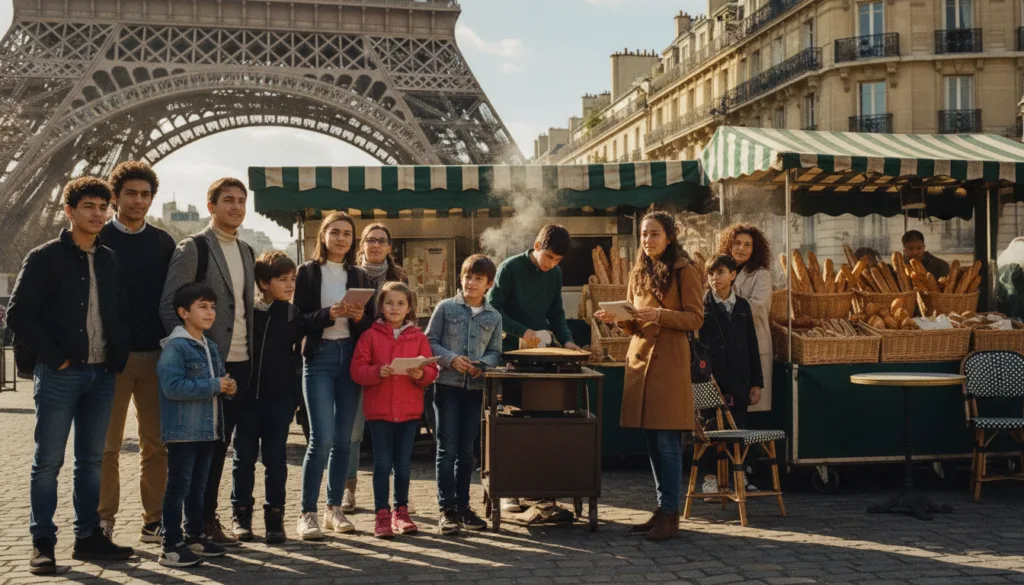 Una escena vibrante que muestra un recorrido cultural por París, diseñado especialmente para familias y estudiantes. En primer plano, un grupo diverso de adultos y niños, vestidos con ropa informal y discreta, exploran con entusiasmo un monumento emblemático, como la Torre Eiffel o el Louvre. En el plano medio, coloridos vendedores ambulantes ofrecen bocadillos franceses tradicionales, mientras el aroma de la repostería impregna el aire. Al fondo, se aprecia la hermosa arquitectura de París, con estudiantes tomando fotos y familias inmersas en animadas conversaciones. La escena está capturada con un estilo fotográfico natural, utilizando iluminación cinematográfica para realzar las texturas y la profundidad, creando una atmósfera cálida y acogedora. La imagen está renderizada en resolución 8K para mayor claridad y detalle, con un ángulo dinámico que sumerge al espectador en la alegre experiencia del descubrimiento cultural.