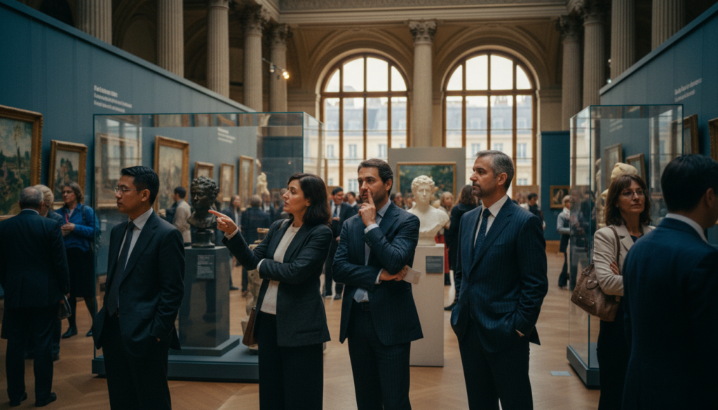A vibrant scene showcasing a diverse group of tourists exploring a renowned Paris museum, such as the Louvre or Musée d'Orsay. In the foreground, individuals of various ethnicities and ages engage with art pieces, dressed in professional business attire and smart casual clothing. In the middle ground, details like informative plaques, museum architecture, and artwork are visible. The background captures the iconic Parisian style, featuring large windows and softly illuminated galleries. Cinematic lighting casts gentle shadows, highlighting the textures of the artwork and the engaged expressions of the visitors. The atmosphere is one of curiosity and admiration, emphasizing cultural enrichment in an iconic Parisian setting. Captured in 8k resolution to convey intricate details and realism.