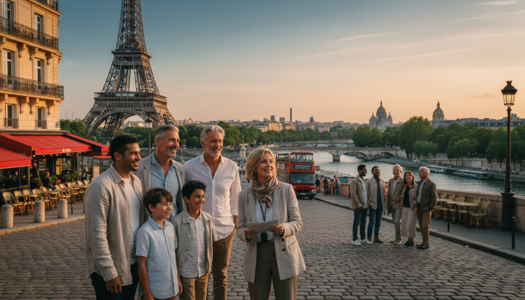 A vibrant scene showcasing a family and seniors embarking on a guided Europe tour, starting in Paris. In the foreground, a multigenerational family happily interacts with a knowledgeable tour guide, pointing towards a historic landmark. They are dressed in modest, casual clothing suitable for travel. In the middle ground, famous Parisian architecture such as the Eiffel Tower and charming street cafes create an inviting atmosphere. The background features a picturesque Parisian skyline bathed in warm, golden hour lighting, enhancing the cheerful vibe. The image captures the excitement of exploration, conveying a sense of inclusivity and adventure for families and seniors. The photo has highly detailed textures and is rendered in 8k resolution, emphasizing the joyous spirit of traveling together. The composition employs cinematic lighting for a lively, enchanting mood. A vibrant scene showcasing a family and seniors embarking on a guided Europe tour, starting in Paris. In the foreground, a multigenerational family happily interacts with a knowledgeable tour guide, pointing towards a historic landmark. They are dressed in modest, casual clothing suitable for travel. In the middle ground, famous Parisian architecture such as the Eiffel Tower and charming street cafes create an inviting atmosphere. The background features a picturesque Parisian skyline bathed in warm, golden hour lighting, enhancing the cheerful vibe. The image captures the excitement of exploration, conveying a sense of inclusivity and adventure for families and seniors. The photo has highly detailed textures and is rendered in 8k resolution, emphasizing the joyous spirit of traveling together. The composition employs cinematic lighting for a lively, enchanting mood.