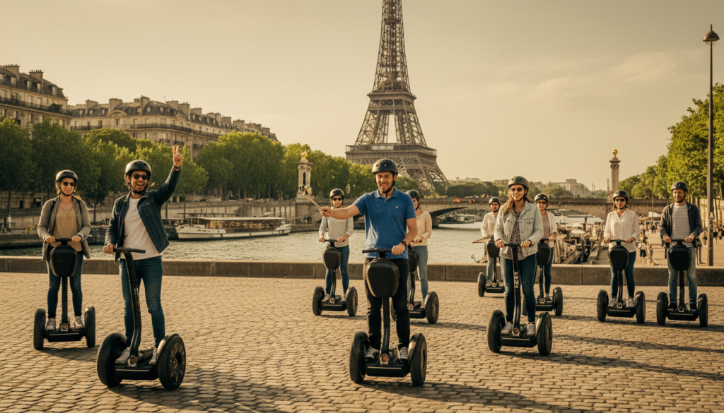 A vibrant scene showcasing a group of Segway tour participants gliding through the picturesque streets of Paris. In the foreground, diverse individuals of various ethnicities, dressed in casual, comfortable clothing with helmets, are enjoying their Segways, smiling and laughing. The middle ground features iconic Parisian landmarks like the Eiffel Tower and the Seine River, emphasizing the tour's scenic route. The background captures the charm of Parisian architecture and the lush greenery of nearby parks. The lighting is cinematic, with a warm golden glow from the late afternoon sun, casting soft shadows and highlighting the textures of the cobblestone streets. The atmosphere is lively and adventurous, evoking a sense of excitement and exploration. The image should be in 8k resolution, showcasing highly detailed textures throughout.