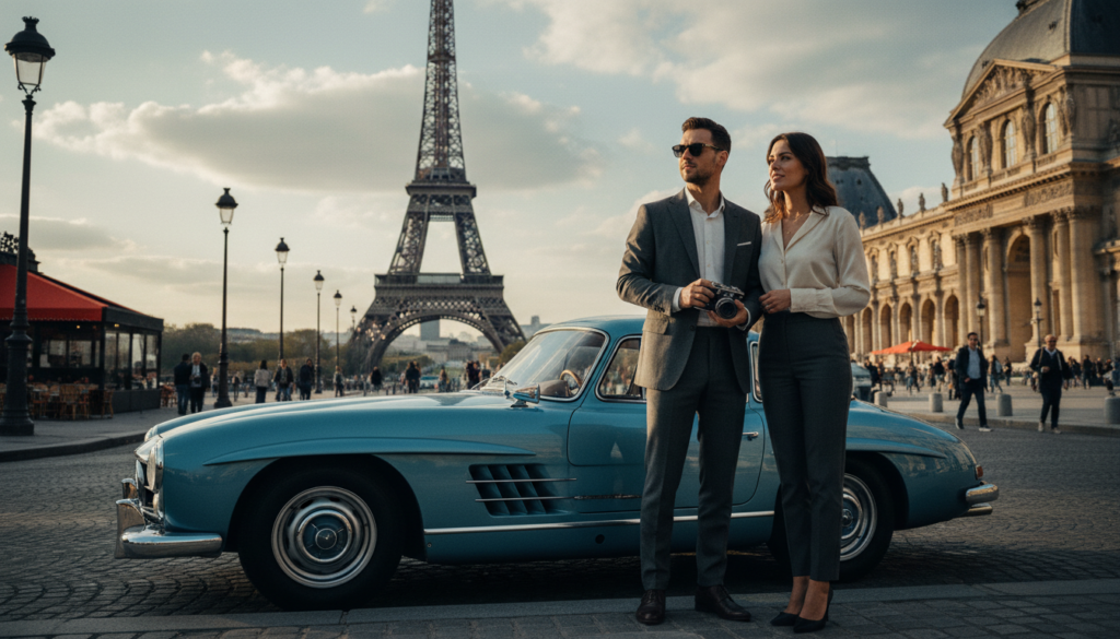A vibrant scene showcasing a unique tour in Paris featuring an elegant vintage car, parked beside iconic landmarks like the Eiffel Tower and the Louvre. In the foreground, a stylish couple dressed in professional business attire admires the scenery, capturing the essence of a sophisticated day out. The middle ground highlights the vintage car, detailed with polished chrome and a classic design, reflecting the golden hues of a late afternoon sun. The background sets a picturesque Parisian street, with charming cafés and historical architecture. The image is portrayed in raw photograph style, utilizing cinematic lighting and highly detailed textures to enhance the realism, in stunning 8k resolution that evokes an adventurous and romantic atmosphere. A vibrant scene showcasing a unique tour in Paris featuring an elegant vintage car, parked beside iconic landmarks like the Eiffel Tower and the Louvre. In the foreground, a stylish couple dressed in professional business attire admires the scenery, capturing the essence of a sophisticated day out. The middle ground highlights the vintage car, detailed with polished chrome and a classic design, reflecting the golden hues of a late afternoon sun. The background sets a picturesque Parisian street, with charming cafés and historical architecture. The image is portrayed in raw photograph style, utilizing cinematic lighting and highly detailed textures to enhance the realism, in stunning 8k resolution that evokes an adventurous and romantic atmosphere.