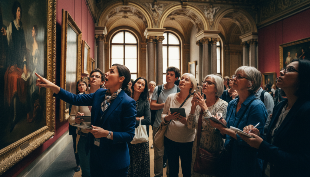 A vibrant scene showcasing an English speaking tour group in a Parisian museum, with art enthusiasts admiring famous paintings. In the foreground, a knowledgeable guide, dressed in professional business attire, passionately points to a masterpiece while engaging with the captivated audience. The middle layer features diverse visitors of various ages and backgrounds, all attentively listening and taking notes on their tablets. The background reveals the museum's stunning architecture, adorned with intricate details and warm, inviting lighting that creates a welcoming atmosphere. The composition should have cinematic lighting, highlighting the textures of the artworks and the elegance of the space. Shot in 8k resolution, emphasizing the richness of colors and the sophistication of the Parisian art scene.