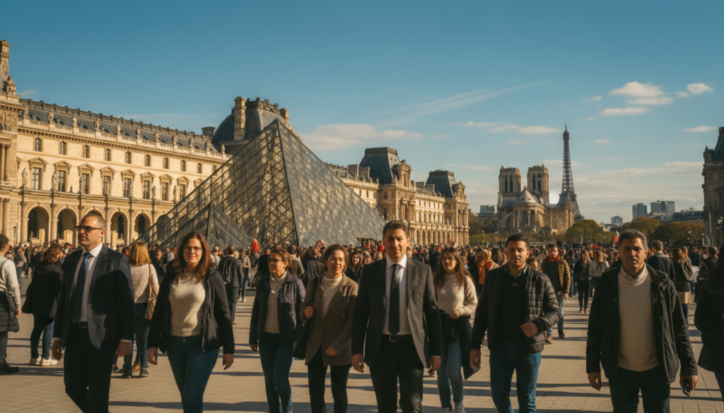 A vibrant scene showcasing free entry days at major museums in Paris. In the foreground, diverse visitors of all ages, dressed in professional business attire and modest casual clothing, are happily exploring art exhibits. The middle ground features iconic museum architecture, like the Louvre's glass pyramid and Musée d'Orsay's ornate facade, bustling with excited tourists. In the background, the renowned Paris skyline is visible under a clear blue sky, casting warm, golden lighting across the scene. The atmosphere is lively and inviting, capturing the joy of cultural exploration. The composition is shot from a low angle, with a cinematic depth of field that emphasizes the details of textures in the stones and the gleam of museum glass, all rendered in 8k resolution.