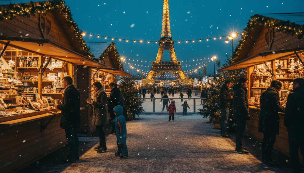 A vibrant scene showcasing seasonal and temporary attractions in Paris, filled with bustling activity. In the foreground, a lively winter market with wooden stalls adorned with twinkling fairy lights. People in cozy, modest winter attire enjoying hot drinks and browsing festive goods. The middle ground features a beautifully decorated ice skating rink, surrounded by joyous families and friends. In the background, the iconic silhouette of the Eiffel Tower, partially illuminated against a twilight sky. Soft cinematic lighting casts warm glows, enhancing the atmosphere of celebration and camaraderie. Highly detailed textures of snowy ground, wooden market stalls, and twinkling lights. Captured in an 8k resolution, emphasizing the charm and enchantment of Parisian seasonal events.