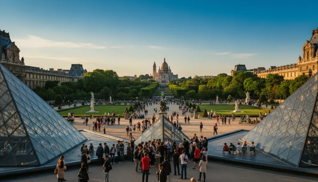 Una vibrante escena que muestra las atracciones gratuitas de los museos parisinos, con la icónica Pirámide del Louvre en primer plano, rodeada de visitantes que admiran su estructura de cristal. En segundo plano, una serena extensión del Jardín de las Tullerías, con exuberante vegetación e instalaciones artísticas, salpicada de familias que disfrutan de tranquilos paseos. Al fondo, la encantadora silueta de la Basílica del Sagrado Corazón contra un cielo azul despejado, encarna el encanto de París. La iluminación es suave y cálida, evocando el atardecer, realzando la atmósfera acogedora. La imagen, tomada desde un ángulo ligeramente elevado, captura el ambiente animado y relajado de los visitantes que exploran estas joyas culturales. Texturas de gran detalle resaltan la belleza arquitectónica y los elementos naturales, con una impresionante resolución de 8k.