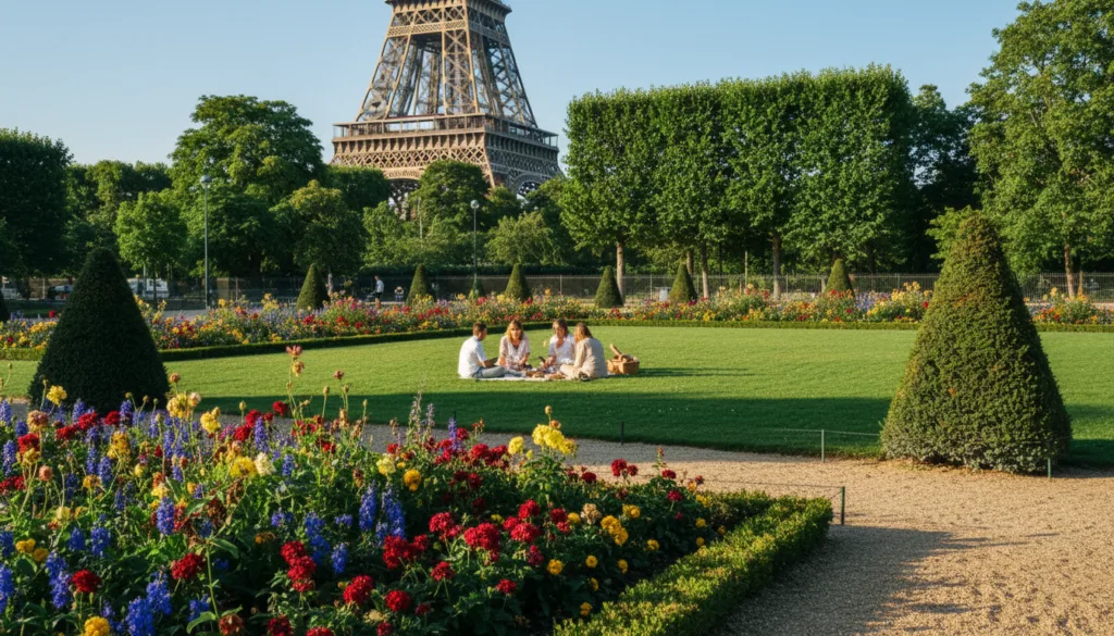 Una escena vibrante que muestra las mejores atracciones gratuitas de París para parques y jardines. En primer plano, un jardín impecablemente cuidado, lleno de flores coloridas y setos cuidadosamente podados, con un sendero que lo atraviesa, invitando a los visitantes. En segundo plano, una familia disfruta tranquilamente de un picnic en el exuberante césped, vestida con ropa informal y discreta, rodeada de pintorescos árboles que ofrecen sombra. Al fondo, la icónica Torre Eiffel se asoma entre el verde follaje, bajo un cielo azul claro. La iluminación es cálida, evocando un ambiente sereno de tarde, con sombras suaves que realzan las texturas del jardín. Capture la esencia del ocio y la belleza natural, enmarcada con iluminación cinematográfica en resolución 8k para un exquisito nivel de detalle.